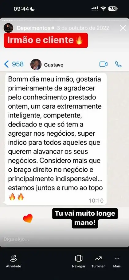 Depoimento: cliente agradecendo pelo conhecimento aplicado