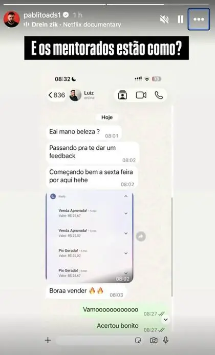 Mensagem de aluno comemorando vendas